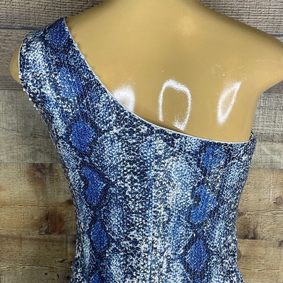 Superdown Renee Mini Dress One Shoulder Blue Snake Print Sequin Size Medium - Picture 5 of 10